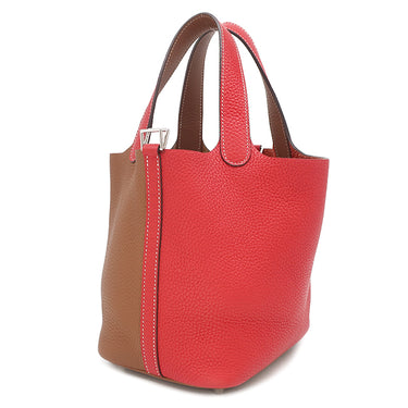 エルメス HERMES ピコタンロック PM カザック ルージュクー×ゴールド トリヨンクレマンス ハンドバッグ シルバー金具 赤 茶