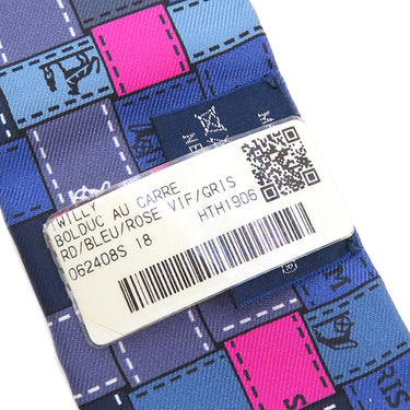 エルメス HERMES ツイリー ブルー×ルージュヴィフ×グレー シルク スカーフ 【BOLDUC AU CARRE/ボルデュック チェック】