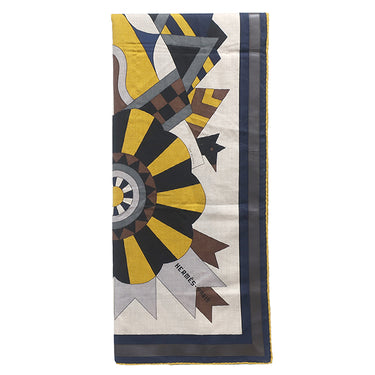 エルメス HERMES ショール カレ140 CARRE カレジェアン ナチュラル×マリン×マスタード カシミヤ シルク ストール 【Cheval de Fete /シュヴァル ドゥ フェット】 タグ欠品