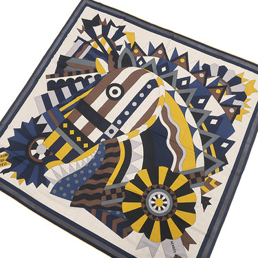 エルメス HERMES ショール カレ140 CARRE カレジェアン ナチュラル×マリン×マスタード カシミヤ シルク ストール 【Cheval de Fete /シュヴァル ドゥ フェット】 タグ欠品