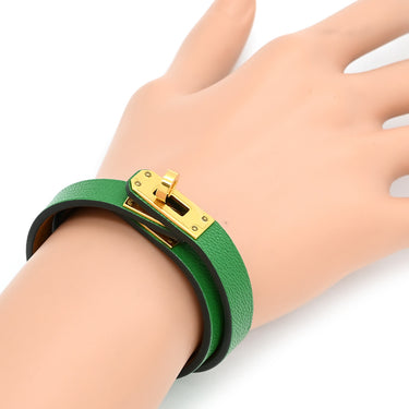エルメス HERMES ケリードゥブルトゥール バンブー×ゴールド レザー メタル シャムキラ T2 ブレスレット ゴールド金具 緑