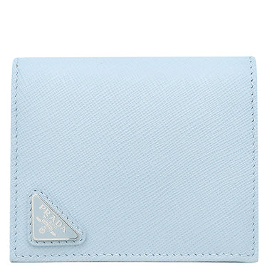 プラダ PRADA トライアングルロゴ ライトブルー レザー 二つ折り財布 シルバー金具 コンパクトウォレット 三角ロゴ