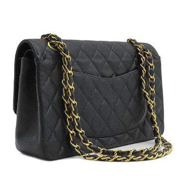 シャネル CHANEL マトラッセ Wフラップ ブラック キャビアスキン ショルダーバッグ ゴールド金具 黒 Wフラップ ダブルフラップ
