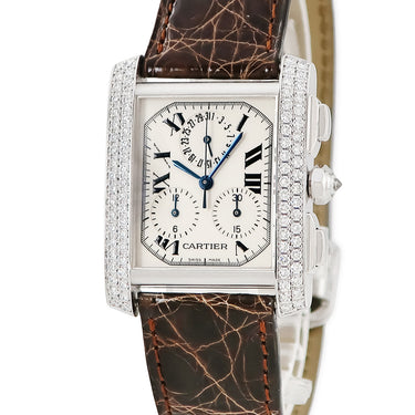 腕時計 カルティエ Cartier タンクフランセーズ XL クロノグラフ WE1004S4 クオーツ メンズ K18WG無垢 純正ダイヤ デイト 青針