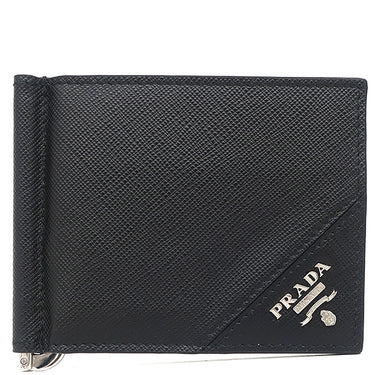 プラダ PRADA マネークリップ付財布 2MN077 ブラック レザー 二つ折り財布 シルバー金具 黒 ロゴ サフィアーノ