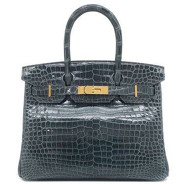 エルメス HERMES バーキン30 ブルートンペット ポロサス ハンドバッグ ゴールド金具 青 クロコ