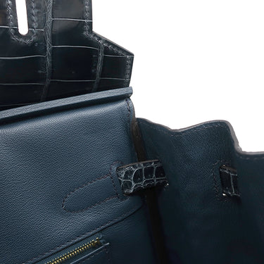 エルメス HERMES バーキン30 ブルートンペット ポロサス ハンドバッグ ゴールド金具 青 クロコ