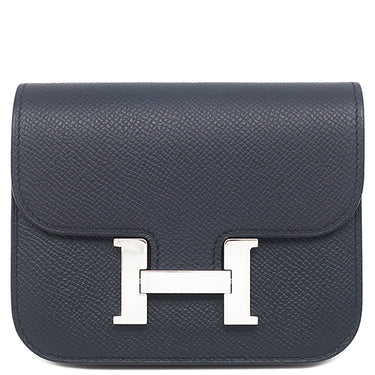エルメス HERMES コンスタンス スリム ウォレット ブルーインディゴ ヴォーエプソン 二つ折り財布 シルバー金具 紺