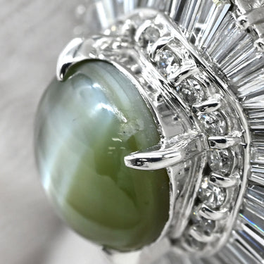 ノンブランド NON BRAND クリソベリル キャッツアイ2.92ct ダイヤ プラチナシルバー Pt900 クリソベリルキャッツアイ ダイヤモンド リング 指輪 緑褐色 猫目石 プラチナ テーパー 9.5号