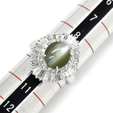 ノンブランド NON BRAND クリソベリル キャッツアイ2.92ct ダイヤ プラチナシルバー Pt900 クリソベリルキャッツアイ ダイヤモンド リング 指輪 緑褐色 猫目石 プラチナ テーパー 9.5号
