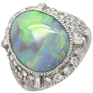 ノンブランド NON BRAND ブラックオパール 4.77ct ダイヤモンドリング プラチナシルバー Pt900 オパール ダイヤモンド リング 指輪 オーバルカボションカット 1石 1粒 マルチカラー 遊色 パヴェ 13号