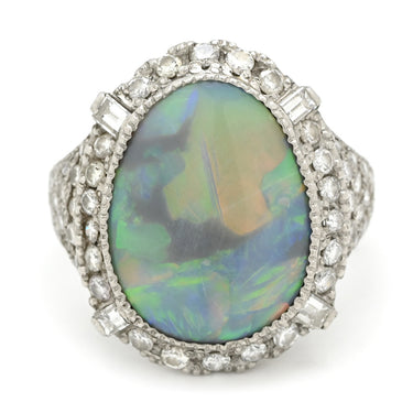 ノンブランド NON BRAND ブラックオパール 4.77ct ダイヤモンドリング プラチナシルバー Pt900 オパール ダイヤモンド リング 指輪 オーバルカボションカット 1石 1粒 マルチカラー 遊色 パヴェ 13号