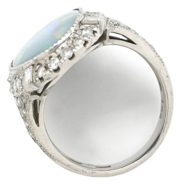 ノンブランド NON BRAND ブラックオパール 4.77ct ダイヤモンドリング プラチナシルバー Pt900 オパール ダイヤモンド リング 指輪 オーバルカボションカット 1石 1粒 マルチカラー 遊色 パヴェ 13号