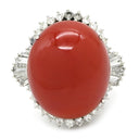 ノンブランド NON BRAND 珊瑚 26.12ct ダイヤリング プラチナシルバー Pt900 珊瑚 ダイヤモンド リング 指輪 赤 サンゴ 血赤 オーバルカボションカット ラージサイズ 15号