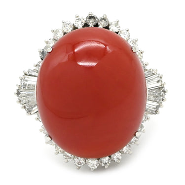 ノンブランド NON BRAND 珊瑚 26.12ct ダイヤリング プラチナシルバー Pt900 珊瑚 ダイヤモンド リング 指輪 赤 サンゴ 血赤 オーバルカボションカット ラージサイズ 15号