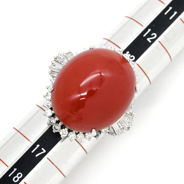 ノンブランド NON BRAND 珊瑚 26.12ct ダイヤリング プラチナシルバー Pt900 珊瑚 ダイヤモンド リング 指輪 赤 サンゴ 血赤 オーバルカボションカット ラージサイズ 15号