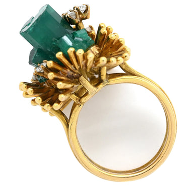 ノンブランド NON BRAND 合成エメラルド ダイヤモンド イエローゴールド K14YG ダイヤモンド 合成エメラルド リング 指輪 グリーン 緑 ラフカット デザインリング 14K 金性検査済 15号