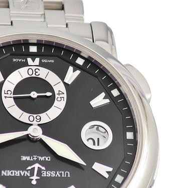 腕時計 ユリスナルダン ULYSSE NARDIN デュアルタイム 42mm 243-55 自動巻き メンズ OH済 ビッグデイト ブラック スモールセコンド