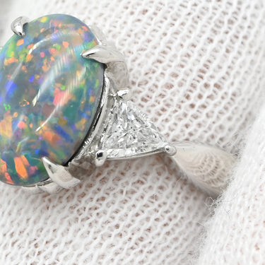 ノンブランド NON BRAND ブラックオパール 1.3ct ダイヤリング プラチナシルバー Pt900 オパール ダイヤモンド リング 指輪 オーバルカボションカット 1石 1粒 マルチカラー 遊色 13.5号