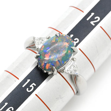 ノンブランド NON BRAND ブラックオパール 1.3ct ダイヤリング プラチナシルバー Pt900 オパール ダイヤモンド リング 指輪 オーバルカボションカット 1石 1粒 マルチカラー 遊色 13.5号