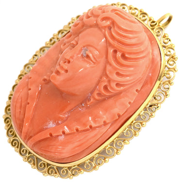 ノンブランド NON BRAND サンゴ カメオ イエローゴールド K18YG 珊瑚 ブローチ ピンク 彫刻 珊瑚 ペンダントトップ