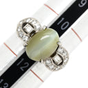 ノンブランド NON BRAND クリソベリルキャッツアイ ダイヤ オリーブグリーン×プラチナシルバー Pt ダイヤモンド クリソベリルキャッツアイ リング 指輪 Pt プラチナム 緑 オリーブグリーン オーバル パヴェ バゲットカット 天然石 11号