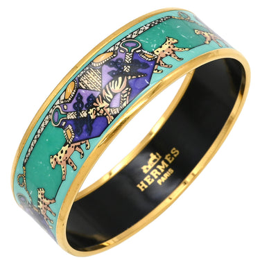 エルメス HERMES エマイユ GM グリーン×マルチカラー 七宝焼き バングル ゴールド金具 アニマル柄 ヒョウ トラ