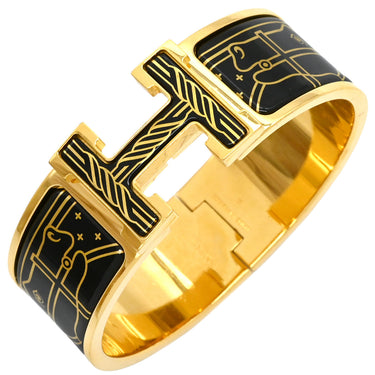 エルメス HERMES クリッククラックH PM カドリージュ オ フィル ブラック メタル エナメル ブレスレット ゴールド金具 黒 Hブレス Quadrige