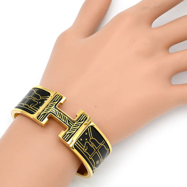 エルメス HERMES クリッククラックH PM カドリージュ オ フィル ブラック メタル エナメル ブレスレット ゴールド金具 黒 Hブレス Quadrige