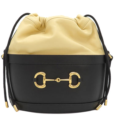 グッチ GUCCI ホースビット バケットバッグ 602118 ブラック×ベージュ レザー ショルダーバッグ ゴールド金具 黒 巾着