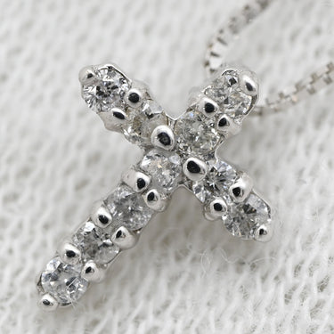 ノンブランド NON BRAND ダイヤ クロス ペンダント ホワイトゴールド K10WG ダイヤモンド ネックレス 0.1ct 10P 10石 10粒 十字架 ミニ スモール ホワイトゴールド K10WG ベネチアンチェーン