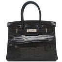 エルメス HERMES バーキン30 ブラック ポロサス ハンドバッグ シルバー金具 黒 クロコ