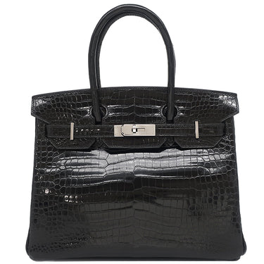 エルメス HERMES バーキン30 ブラック ポロサス ハンドバッグ シルバー金具 黒 クロコ