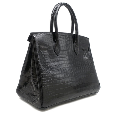 エルメス HERMES バーキン30 ブラック ポロサス ハンドバッグ シルバー金具 黒 クロコ