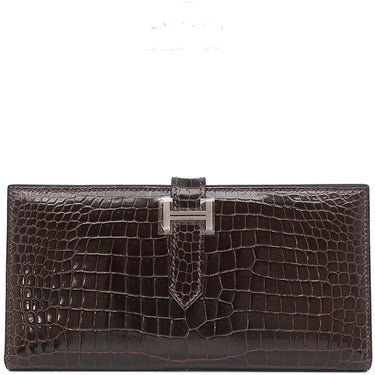 エルメス HERMES ベアンスフレ ブラウン系 ポロサス 長財布 シルバー金具 茶 二つ折り財布