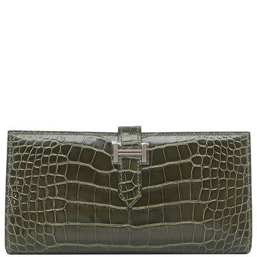 エルメス HERMES ベアンスフレ グリーン系 アリゲーター 長財布 深緑 二つ折り財布