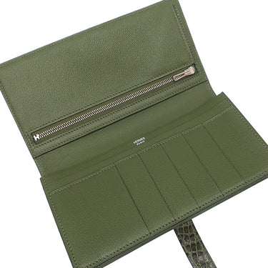 エルメス HERMES ベアンスフレ グリーン系 アリゲーター 長財布 深緑 二つ折り財布