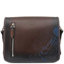 ベルルッティ BERLUTI ラッキーデー スクリット カリグラフィ ブラウン×ブルー レザー ナイロン ショルダーバッグ シルバー金具 茶 青 メッセンジャー 斜め掛け