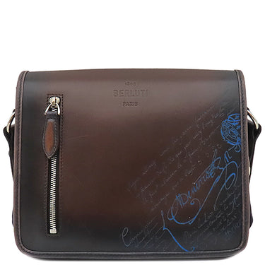 ベルルッティ BERLUTI ラッキーデー スクリット カリグラフィ ブラウン×ブルー レザー ナイロン ショルダーバッグ シルバー金具 茶 青 メッセンジャー 斜め掛け