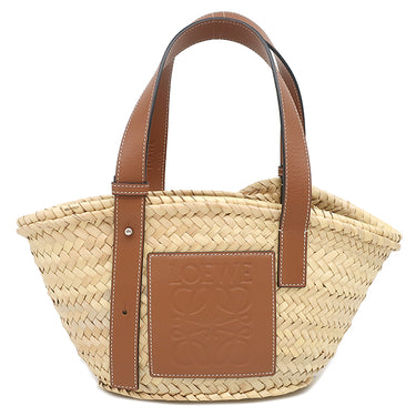ロエベ LOEWE バスケットバッグ スモール ナチュラル×タン ラフィア カーフ ハンドバッグ シルバー金具 茶 かごバッグ
