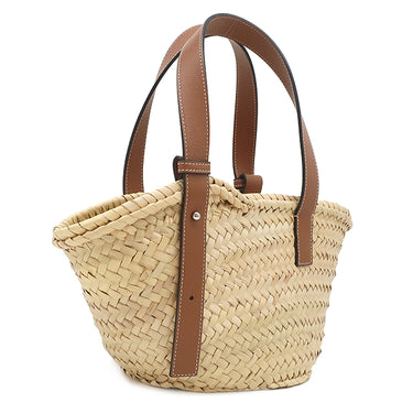 ロエベ LOEWE バスケットバッグ スモール ナチュラル×タン ラフィア カーフ ハンドバッグ シルバー金具 茶 かごバッグ