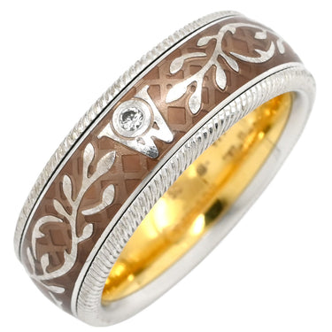 ミキモト MIKIMOTO ウェレンドルフ エマイユ ダイヤリング ブラウン×ホワイトゴールド×イエローゴールド K18WG K18PG エマイユ ダイヤモンド #53.5 リング 指輪 Wellendorff エナメル 七宝 エングレービング 回転 13号