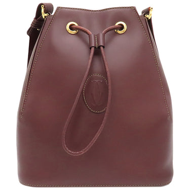 カルティエ Cartier マストライン ボルドー レザー ショルダーバッグ ゴールド金具 巾着 赤