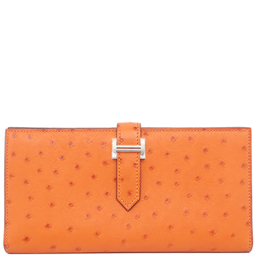 エルメス HERMES ベアンスフレ オレンジ オーストリッチ 長財布 シルバー金具 二つ折り財布 ソルド品