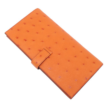 エルメス HERMES ベアンスフレ オレンジ オーストリッチ 長財布 シルバー金具 二つ折り財布 ソルド品