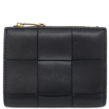 ボッテガヴェネタ BOTTEGA VENETA マキシイントレチャート コンパクト ウォレット 706010 ブラック ラムスキン 二つ折り財布 ゴールド金具 黒 ミニ財布