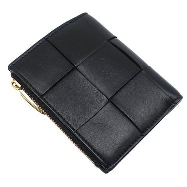 ボッテガヴェネタ BOTTEGA VENETA マキシイントレチャート コンパクト ウォレット 706010 ブラック ラムスキン 二つ折り財布 ゴールド金具 黒 ミニ財布