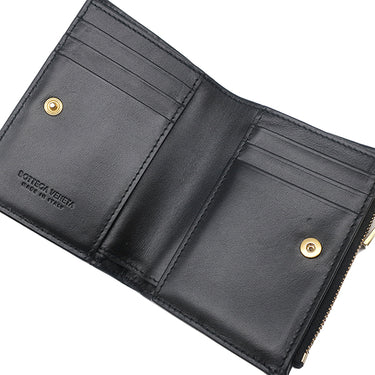 ボッテガヴェネタ BOTTEGA VENETA マキシイントレチャート コンパクト ウォレット 706010 ブラック ラムスキン 二つ折り財布 ゴールド金具 黒 ミニ財布