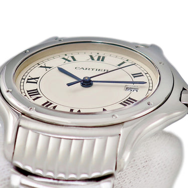 腕時計 カルティエ Cartier パンテール クーガー LM W35011F8 クオーツ メンズ アイボリー ローマン デイト 青針