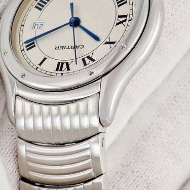 腕時計 カルティエ Cartier パンテール クーガー LM W35011F8 クオーツ メンズ アイボリー ローマン デイト 青針